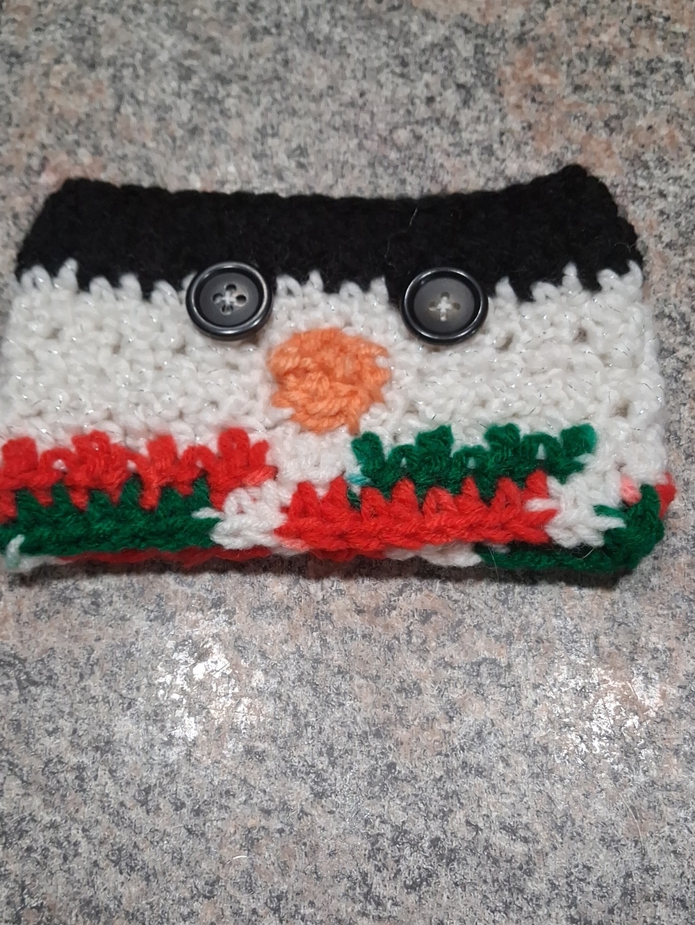 Handmade Holiday Snowman Cup Cozy- Black, White, Red, Green, Orange